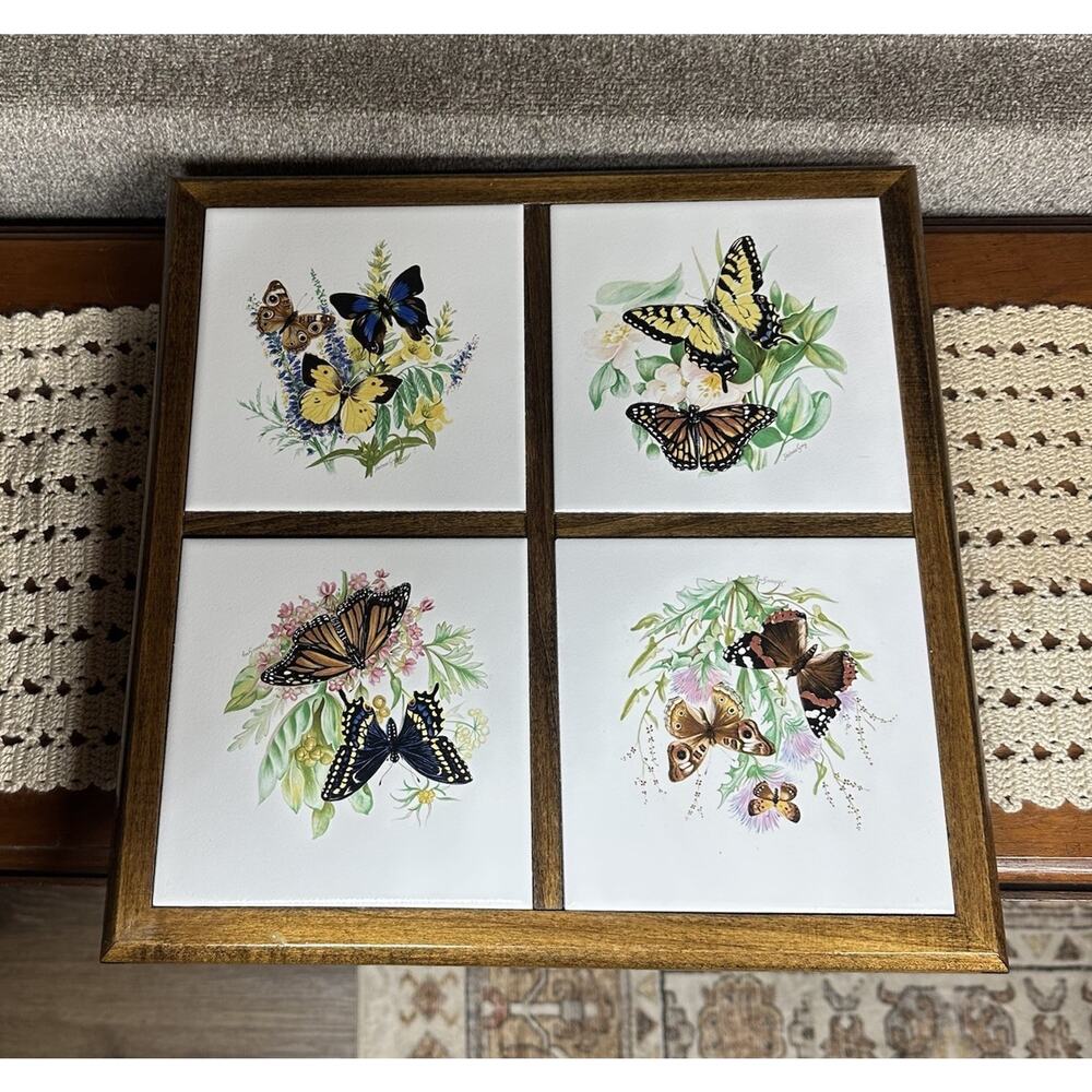Vtg J&T Handcrafted Butterfly Floral Tile Art Wooden Lazy Susan Square 14"x14"